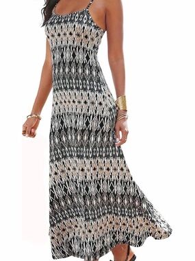 Sleeveless Black & Cream Tribal Print Maxi Dress